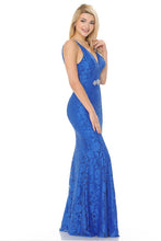 Royal Blue Sheer Lace V-Neck Strap Embellished Formal Dress