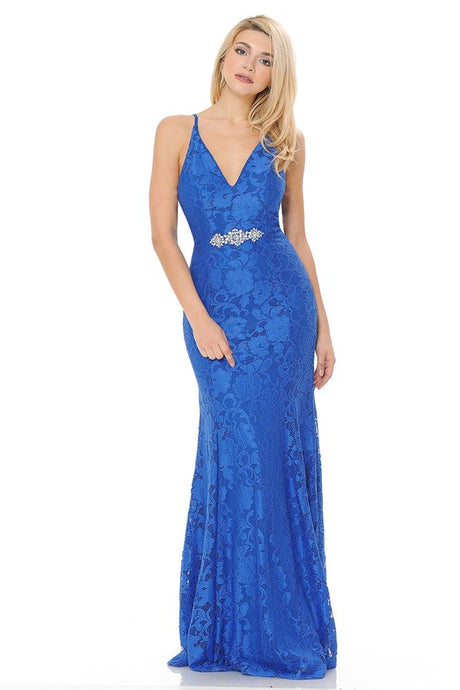 Royal Blue Sheer Lace V-Neck Strap Embellished Formal Dress