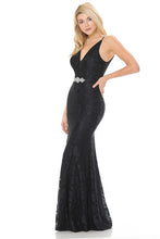 Black Sheer Lace V-Neck Strap Embellished Formal Dress