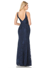 Dark Blue Sheer Lace V-Neck Strap Embellished Formal Dress