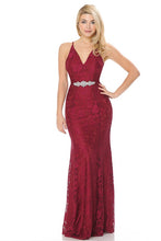 Burgundy Sheer Lace V-Neck Strap Embellished Formal Dress