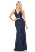 Dark Blue Sheer Lace V-Neck Strap Embellished Formal Dress