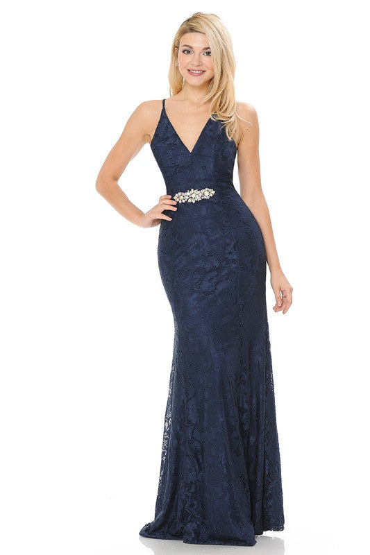 Dark Blue Sheer Lace V-Neck Strap Embellished Formal Dress