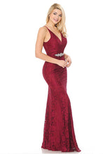 Burgundy Sheer Lace V-Neck Strap Embellished Formal Dress