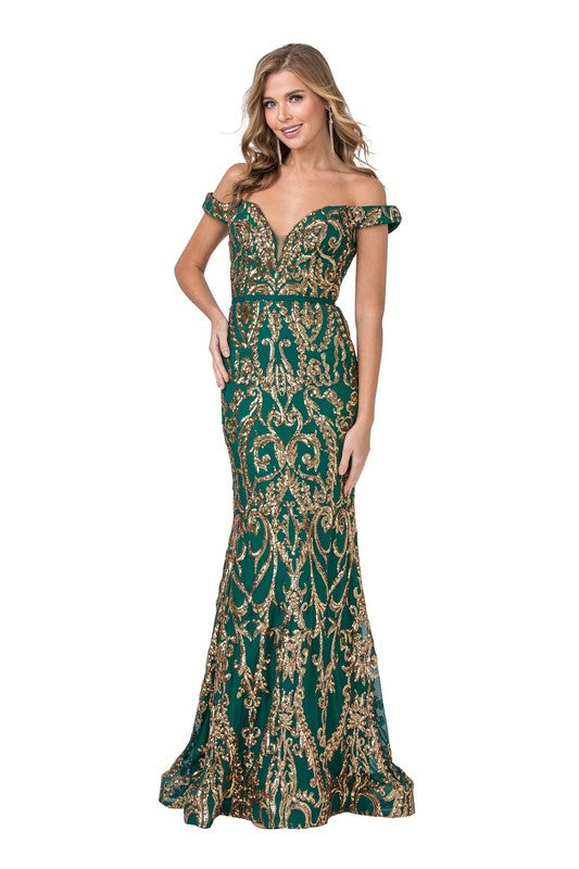 Green Off-the-shoulder Gold Appliqué Detail Dress