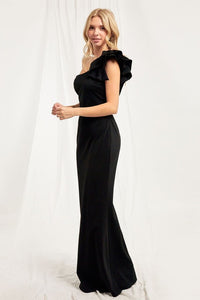 Black Ruffle Detailed One Shoulder Mermaid Maxi Dress