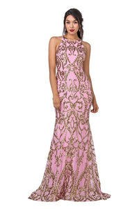 Bubble Pink Gold Applique Slim Fit Evening Gown