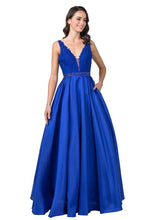 Royal Beaded Top Pocket Satin Long Dress