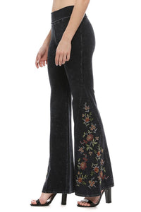 Black Mineral Wash Floral Embroidered Flare Yoga Pants