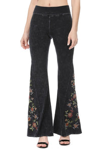 Black Mineral Wash Floral Embroidered Flare Yoga Pants