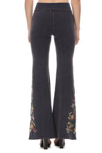 Navy Mineral Wash Floral Embroidered Flare Yoga Pants