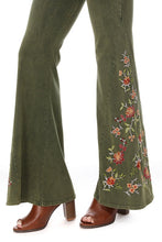 Olive Mineral Wash Floral Embroidered Flare Yoga Pants