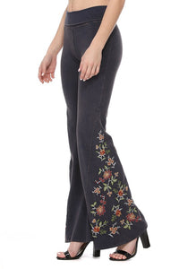 Navy Mineral Wash Floral Embroidered Flare Yoga Pants