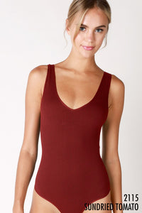 Red Ribbed V Neck Bodysuit