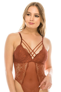 Brown Mesh Floral Lace Double Chest Strap Bodysuit