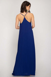 Dark Blue Pleated Woven Maxi Dress