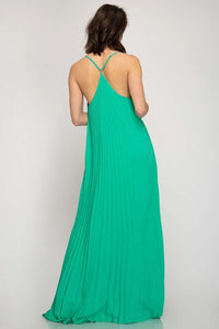 Green Pleated Woven Maxi Dress