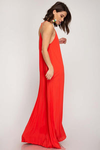 Red Pleated Woven Maxi Dress