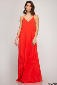 Red Pleated Woven Maxi Dress