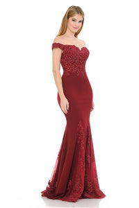 Burgundy Off-Shoulder Embroidered Crepe Godet Formal Dress
