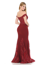 Burgundy Off-Shoulder Embroidered Crepe Godet Formal Dress