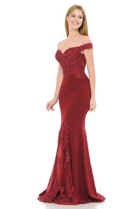 Burgundy Off-Shoulder Embroidered Crepe Godet Formal Dress