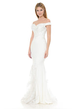 White Off-Shoulder Embroidered Crepe Godet Formal Dress