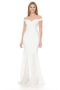White Off-Shoulder Embroidered Crepe Godet Formal Dress