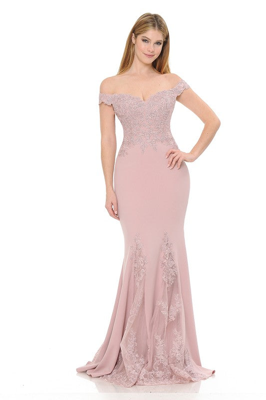 Mauve Off-Shoulder Embroidered Crepe Godet Formal Dress