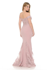 Mauve Off-Shoulder Embroidered Crepe Godet Formal Dress
