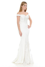 White Off-Shoulder Embroidered Crepe Godet Formal Dress
