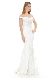 White Off-Shoulder Embroidered Crepe Godet Formal Dress