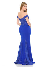 Blue Off-Shoulder Embroidered Crepe Godet Formal Dress