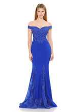 Blue Off-Shoulder Embroidered Crepe Godet Formal Dress
