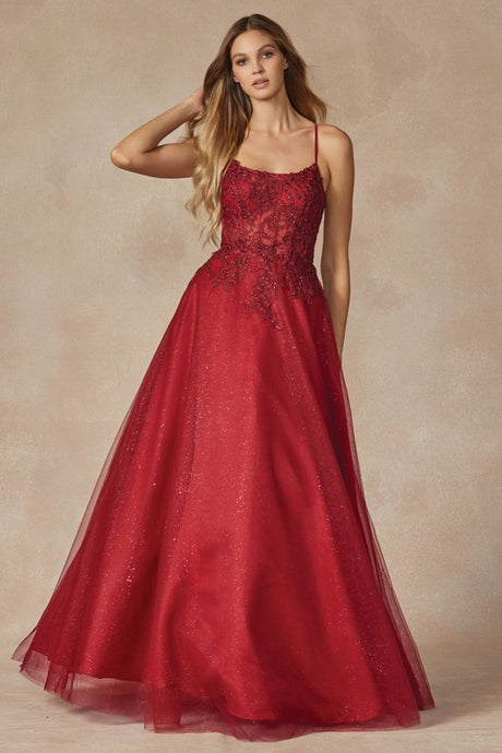 Burgundy Leaf Lace Gown With Corset Bodice Prom Gown
