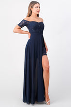 Dark Blue Off The Shoulder Sequin Lace And Chiffon Dress