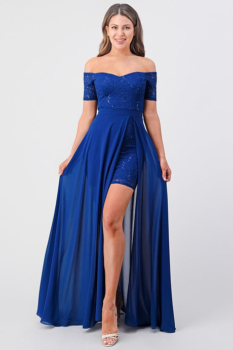 Navy Blue Off The Shoulder Sequin Lace And Chiffon Dress