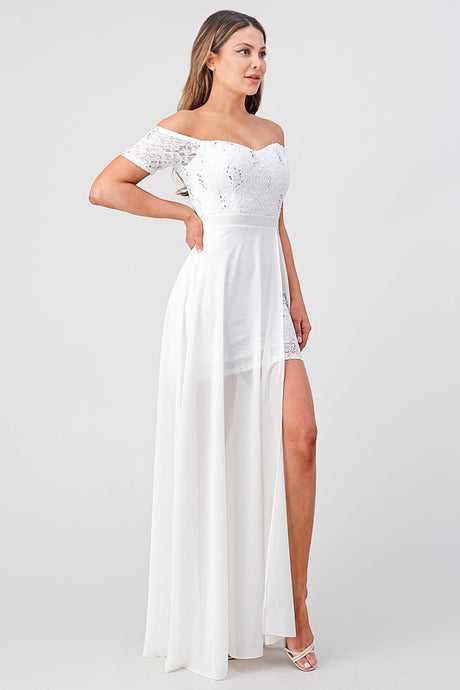 Off White Off The Shoulder Sequin Lace And Chiffon Dress
