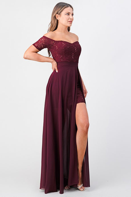 Burgundy Off The Shoulder Sequin Lace And Chiffon Dress