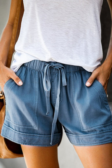 Blue Women Drawstring Casual Shorts With Pocket