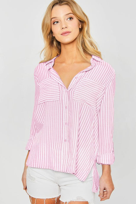 Pink Striped Roll Up Sleeve Button Down Blouse Shirts