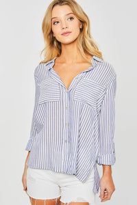 Blue Striped Roll Up Sleeve Button Down Blouse Shirts