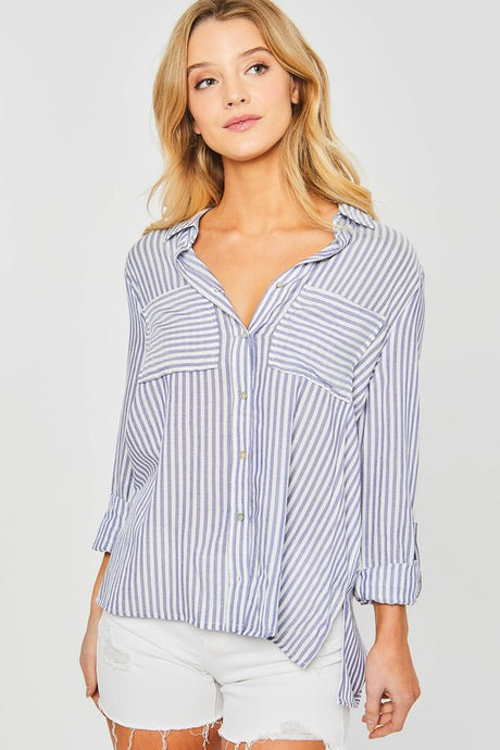 Blue Striped Roll Up Sleeve Button Down Blouse Shirts