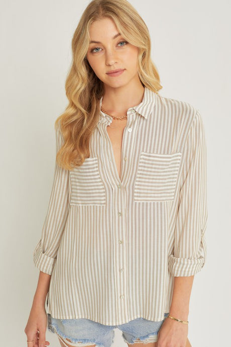 Taupe Striped Roll Up Sleeve Button Down Blouse Shirts