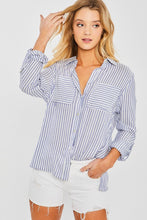 Blue Striped Roll Up Sleeve Button Down Blouse Shirts