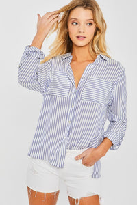 Blue Striped Roll Up Sleeve Button Down Blouse Shirts