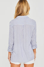 Blue Striped Roll Up Sleeve Button Down Blouse Shirts