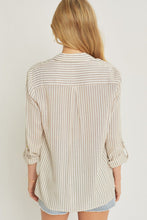 Taupe Striped Roll Up Sleeve Button Down Blouse Shirts