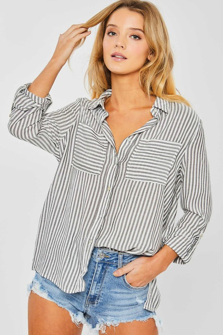 Black Striped Roll Up Sleeve Button Down Blouse Shirts