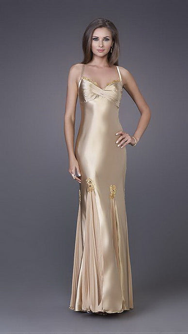 Gold Lace Detail Along Bust And Skirt Satin Long Dress